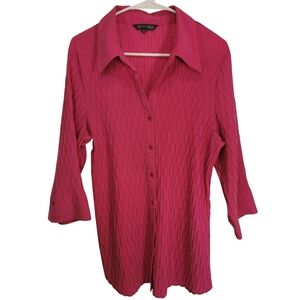 Addition Elle 3/4 Sleeve V-Neck Button Up Hot Pink Stretch Blouse  - Sz 16